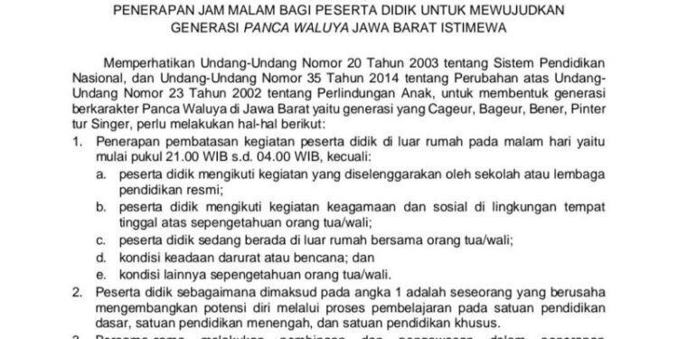 Pemprov Jabar Resmi Terapkan Jam Malam Bagi Pelajar